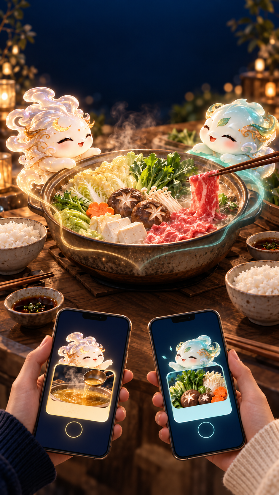 Two people share a meal and a playful experience on their phones.