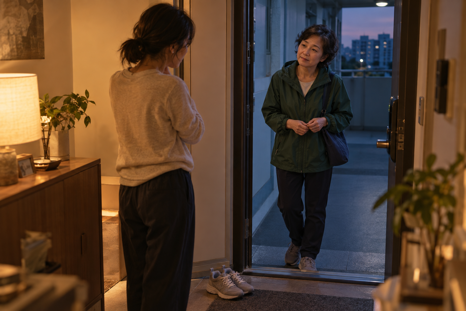 At an apartment doorway in the evening, a neighbor offers a quiet invitation to go for a walk.